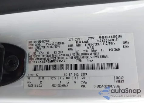 2021 Ford F-150 Xl из США, поврежденный, VIN 1FTEX1EP6MKD91517